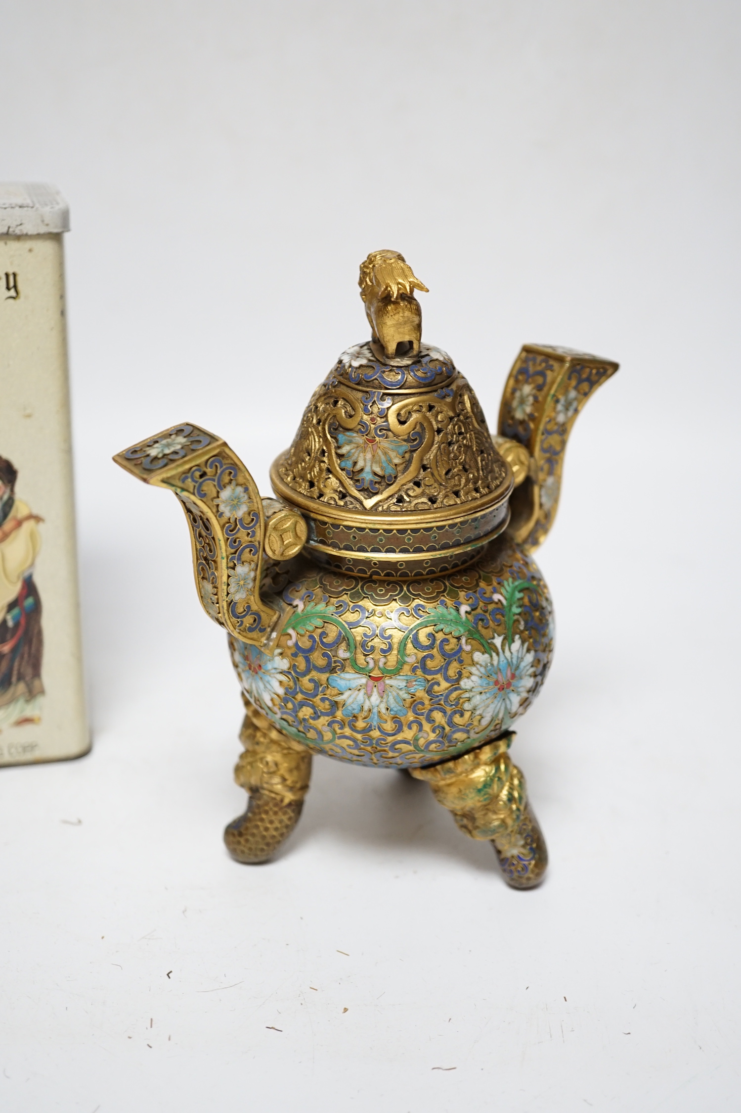 A Chinese cloisonné enamel censer and cover, a tea box containing four tea tins, and a Japanese lacquer and chain mail gauntlet/glove front, censor 18cm high